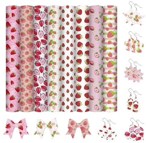 8 Pieces Strawberry Faux Leather Sheets,Pink Red Strawberries Synthetic Fabric Fruit Craft Leather Fabric Sheet for Making Strawberry Earrings Sewing Bags Hair Bows DIY Crafts Gift,33 x 20 cm