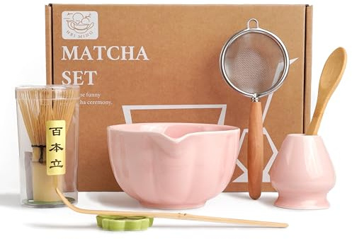 HEI MING Premium Matcha Set 7-teilig – Exklusives Teezeremonie-Set mit Bambus-Chasen (Besen),Rosa Keramik-Schale, Löffel & Zubehör, Originelles Geschenk für Matcha