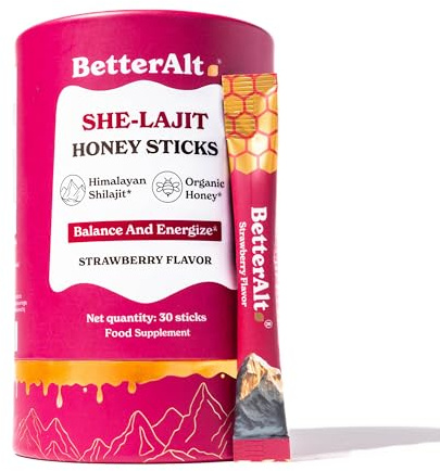 BetterAlt SHE-Lajit Strawberry Honeysticks|Shilajit for Women with Shatavari & Saffron for hormonal Balance & Energy Boost|Tasty Shilajit Honeysticks with Goodness of Pure Himalayan Shilajit|30 Sticks