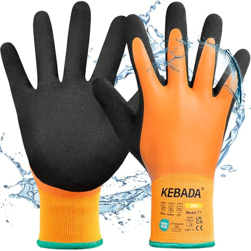 Kebada Winter Work Gloves for Men & Women, Waterproof Work Gloves, Supper Grip with Latex Coating, Thermal Insulated Warm Lined Safety Gloves for Freezer, Warehouse, Fishing, Gardening, 1 Pair, 8/M