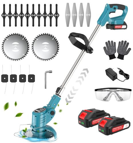 Akku Rasentrimmer Akkurasenmäher, 4 in 1 Elektrischer Rasentrimmer mit 2 Akkus 21V und 4 Messertypen, Elektrischer Elektro Trimmer Gartenkantenfräser für Rasen,Garden