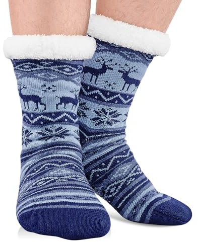 SockWaddles Calcetines de peluche para hombre: antideslizantes, térmicos para invierno, de cabaña, mullidos con diseño navideño, talla 39-46