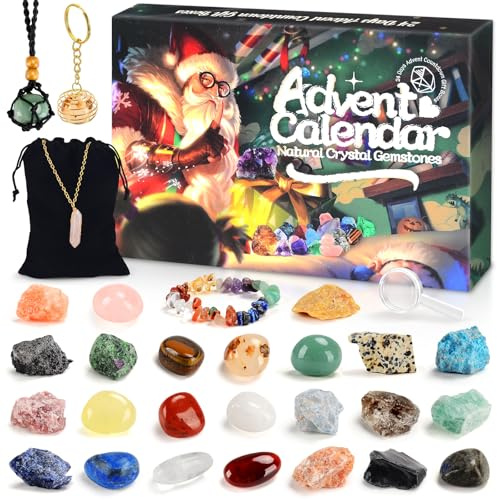 Calendario de Adviento Cristal 2025 Niños, Calendario de Cuenta Regresiva Navideño con 24 días de Cristales Naturales Piedras Curativas Minerales y Gemas Regalo Navidad para Niñas, Niños y Adultos