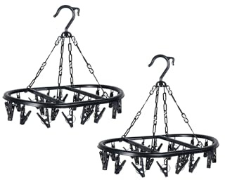 VOLTICO 2 Pack Air Dryer Hanger Drying Rack for Socks Peg Hanger with 20 Clips Plastic Clothes Hanging Rack for Indoor Outdoor Laundry Use (BLACK)