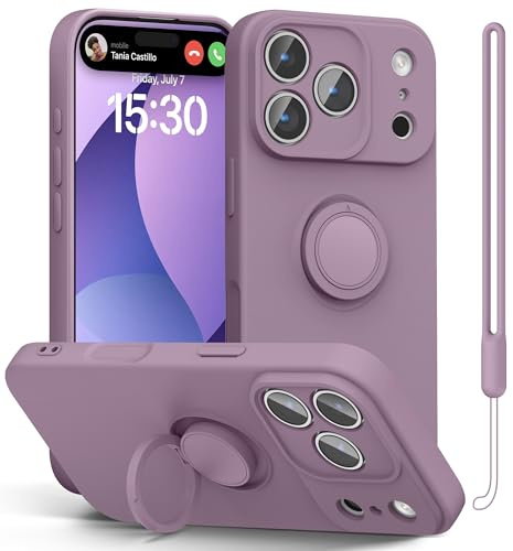 pcgaga Silicone Phone Case for iPhone 17 Pro Max 6.9 Inch with [Ring Holder Stand] [Wrist Strap] [Microfiber Lining] Slim Shockproof Protective Cover, 6.9, Purple