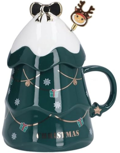 Huiyiwert Porzellan Weihnachtstasse Weihnachten Kaffeebecher 3D Weihnachtsbaum förmige Kaffeetasse Bürotasse Teetasse mit Deckel und Rührstab Geschenk für Weihnachten Neujahr (Grün)