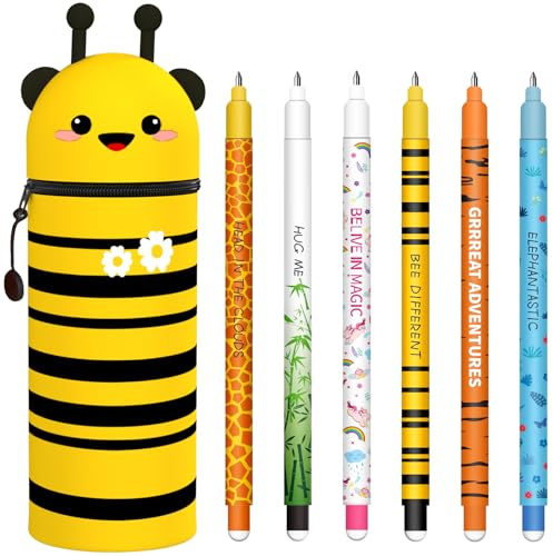 GDFJBG Kawaii 2-in-1-Schuletui aus weichem Silikon + 8 bunte löschbare Stifte, wasserdichter Federhalter mit Reißverschluss, Schulbedarfs-Set, 0,7 mm, Bienen, Kawaii