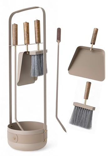 LIVLIG - Set de utensilios modernos de alta calidad para chimenea con atizador, cepillo para chimenea y pala para cenizas, diseño de accesorios para chimenea y estufa, color beige