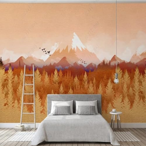 Retro Autumn Yellow Pine Forest Flying Birds Mountains 3D Wallpaper Premium Textured Silk Study Dining Living Room Bedroom Sofa TV Wall Easy Install-250cm×170cm