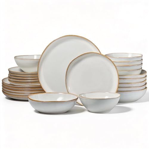 Onader 24 Piece Reactive Glaze Dinner Set for 6 People, Grey White