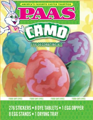 PAAS Camo Egg Decorating Kit – Easter Egg Dye Kit with 276 Stickers, 8 Food-Safe Dye Tablets, Egg Dipper, Stands & Drying Tray