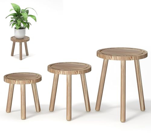 FUSHITON 3 Runde Pflanzenhocker für Innen, Set in hellbraun, Blumentisch & Eck-Ständer als hohes Einzelregal für Schlafzimmer, Büro