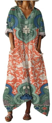 Mfhmom Vestito Donna Estivo Spiaggia Caftano Boho Chic in Cotone Lino con Grandi Tasche Abito Lungo Scollo V Traspirante Vestiti Estivi Donna Leggeri Morbido Vacanze Mare Trendy
