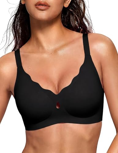 Bresdk Wireless Bras for Women Seamless Full Coverage Comfort T-Shirt Jelly Bra with Scalloped Neckline S-3XL