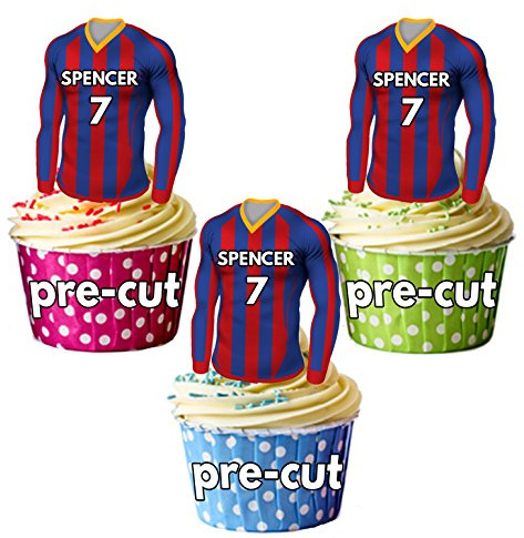 AK Giftshop PRECUT Personalised Edible Football Shirts With Your Chosen NAME & NUMBER - Cupcake Toppers/Cake Decorations Red and Blue Shirt Top (Pack of 24)