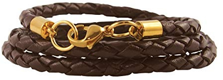 König Design Lederkette Lederhalsband Lederarmband 4 mm Herren Halskette Braun 60 cm lang mit Karabiner Verschluss Gold geflochten