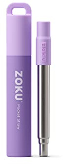 ZOKU - Cannuccia portatile per portachiavi, tasche, borse e altro ancora, cannuccia riutilizzabile in acciaio inox con bocchino e custodia in silicone, regolabile fino a 22,9 cm, viola