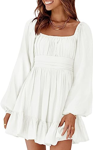 Dokotoo Women's Dresses Square Neck Tie Back Off The Shoulder Dress Lantern Long Sleeve Dresses Ruffle A-Line Elastic Waist Fall Outifits Casual Mini Dress for Women Large White