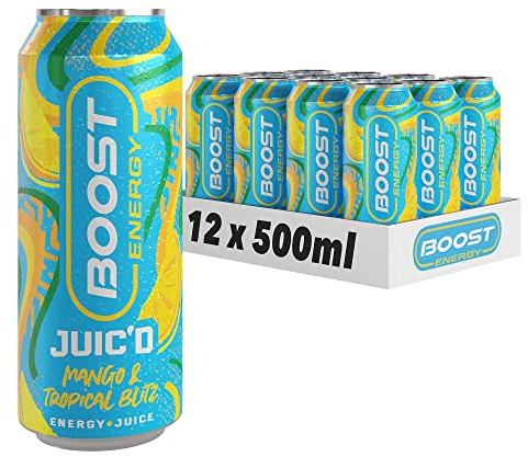 Boost Juic'd Energy Drink Mango & Tropical Juice Blitz | 12 Multipack Carbonated Soft Drinks with Real Fruit, High Caffeine, Taurine and Vitamin B | Fizzy Energy Drink Multipack | 12x500ml