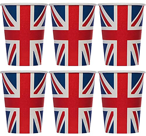 Union Jack Paper Cup UK-Flag Tableware Party Supplies for King Charles Party, British Themed Birthdays, Tea Parties, National Holidays & Royal Celebration Decorations - 6pk