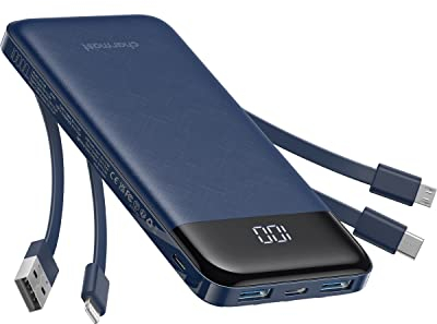 Charmast Power Bank with Built in Cables X 4, 10000mAh USB C Battery pack 6 Outputs 3 Inputs with LED Display Type C Powerbank Portable Charger Compatible with Smartphones Tablets and More