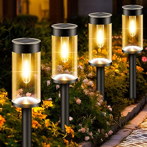 nipify Lampe Solaire Exterieur Jardin, Lot de 4 Lumiere Solaire Exterieur Jardin avec Blanc Chaud, Étanche Eclairage Extérieur Solaire Décoration Pour Chemins, Terrasse, Pelouse Patio Allée 【3000K】