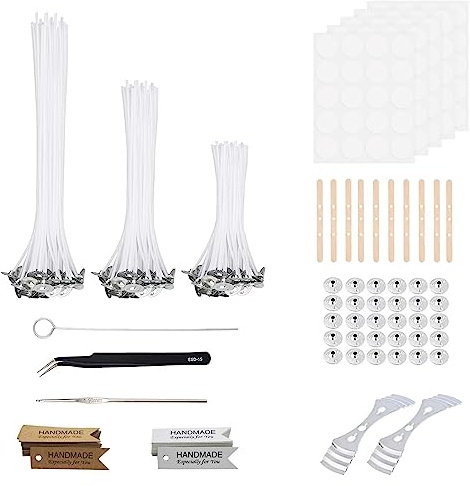 UYXiNONE 345 Stück DIY-Werkzeug-Kits für handgemachte Kerzen Aromatherapie Kerzen, Kerzendocht mit der Länge von 10cm 15cm 20cm und kommt mit einem Docht fixiert Klebeblech, Holzstücke, Pinzette