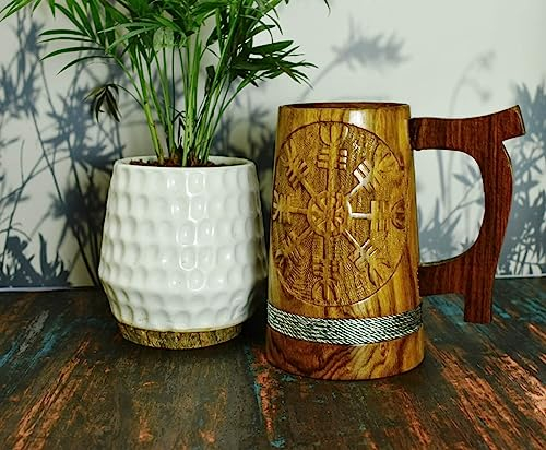 India House Lichtenberg Burning Wooden Beer Mugs, Handmade Groomsmen Beer Mug, Viking Tankard, Man Birthday Gift, Wood Beer Mug (Viking)- 20 oz