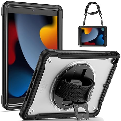 Gerutek Coque pour iPad 9ème/8ème/7ème Génération 10,2 Pouces, Étui Antichoc Robuste Structure à 2 Couches avec Support Pivotant, Arrière Transparente, Dragonne et Dandoulière Réglable/Amovibles, Noir