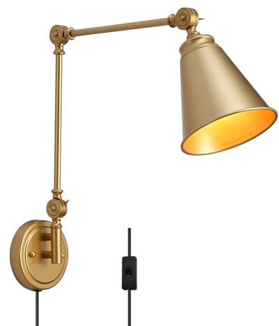 SUNLLOK Swing Arm Golden Wandleuchte mit Stecker, Vintage Schnur-rustikale justierbare Lampenschirm, Moderne Hängende Wandleuchte Industrielle Metall Lesen Dekor für Wohnzimmer Kinder Schlafzimmer