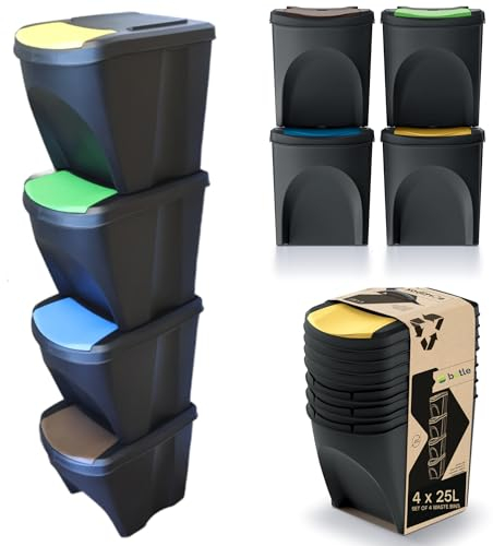 botle Juego de 4 cubos de basura con sistema de separación de basura, juego de 4 cubos de basura de 25 l en negro para apilar, compacto, modular y ligero, fácil clasificación de los residuos