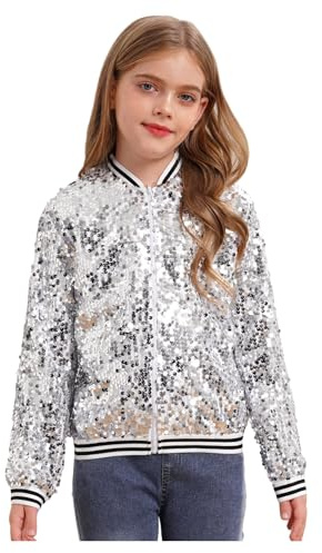 inhzoy Unisex Kinder Glänzende Pailletten Jacke Langarm Glitzer Bomberjacke Mit Reißverschluss Sport Freizeitjacke Streetdance Hip Hop Jacke