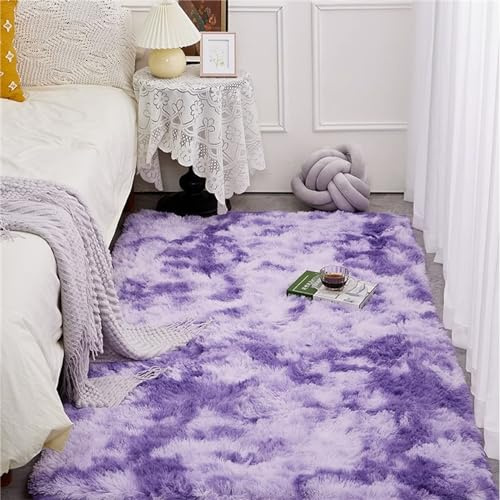 Treer Teppich Wohnzimmer Flauschig, Soft Modern Schick Area Rug Weich Shaggy Teppiche Langflor rutschfest Fellteppich Kunstfell Fell Carpet für Schlafzimmer Nachttisch (100x200cm,Lila)
