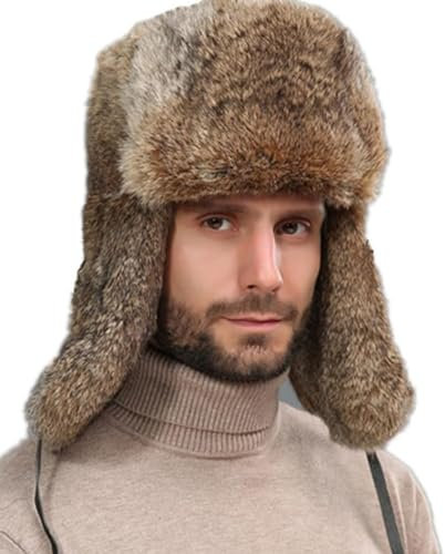 AHDMR Chapka Trapper-Hut aus Kunstpelz, Thermo, für Männer, Wintermütze, dick, Jagdhut, russisch, winddicht, Fliegermütze mit Ohrpolstern, warm, für Skifahren, Snowboard, Fahrrad, Motorrad, braun,