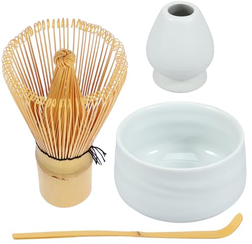 4Pcs Matcha Whisk Set, Matcha Whisk and Bowl Set, Complete Japanese Tea Starter Making Kit with Spoon, Holder, Mixer and Bowl with Pouring Spout for Tea Lovers (White)