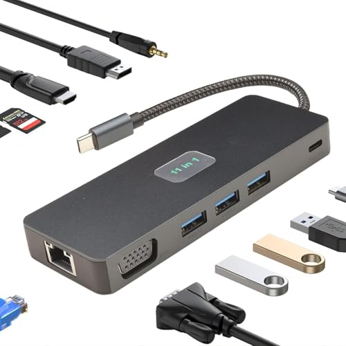 Leehitech USB C Hub,11 in 1 Dockingstation mit 4K HDTV, 1080P VGA, PD 100W, USB 3.2, DisplayPort, SD/TF, 1000 Mbit/s RJ45, 3,5mm Audio für Chromebook M3, MacBook Air 2018/2019/2020, Galaxy S21/ 21+