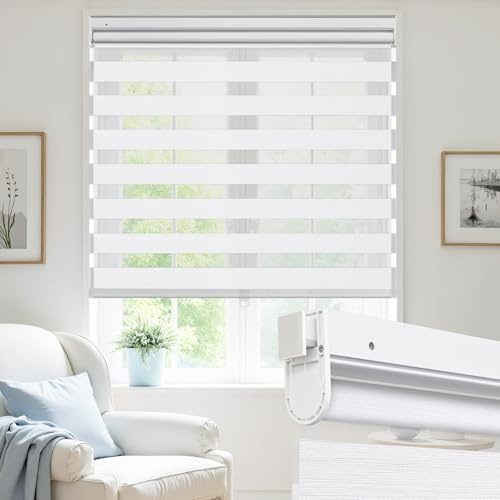 UrMoon No Drill Zebra Blinds No Tools Zebra Shades Cordless Roller Shades for Windows Dual Layer Roller Blinds Room Darkening Custom Size for Indoor, Light Filtering White, Customize