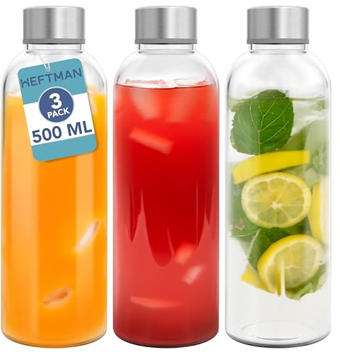 HEFTMAN Bottiglie di vetro con coperchio, confezione da 3 bottiglie vuote in vetro da 500 ml, ermetiche, a tenuta stagna, coperchi in acciaio inox, per acqua, frullati, succhi con coperchi e spazzola