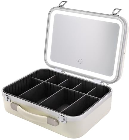 CCAUUB Make-up resväska med 3 färger LED-ljus och spegel, makeup case resor kosmetisk arrangör låda, justerbar ljusstyrka makeup artist arrangör kit delar, Vit, modern