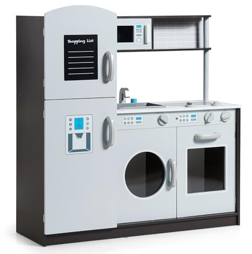 HOMASIS Cocina de Juguete de Madera, Cocina Infantil con Fregadero y Grifo, Sonidos de Clic, Horno y microondas, Juego de Cocina con Accesorios Diversos para niños de 3 a 8 años, 81x27,5x84cm, Gris
