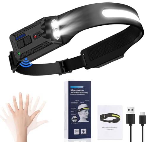 Oderra Stirnlampe LED Wiederaufladbar, Superleicht Kopflampe, Bewegungssensor Stirnlampe, 8 Beleuchtungsmodi mit Batterieanzeige, IPX4 Wasserdicht, Camping- und Notfallscheinwerfer