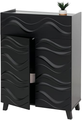 Mendler Kommode HWC-N86 107x76x36cm - schwarz | Schrank, Sideboard, Anrichte, 3D-Wellen-Design, Push-to-Open, Türen