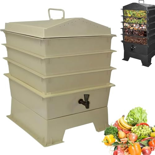Wurmkomposter-Komposter, verstellbares Gartenkomposter-Set mit 3/4/5 Tabletts, Bauernhof-Komposter mit Luftlöchern, großer Komposter-Recycling-Speicher, for Garten, Hinterhof, Balkon(Beige,3 working p