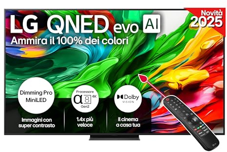 LG QNED evo AI 75 Pollici, Serie QNED86 2025 Smart TV 4K - 75QNED86A6A | Processore ?8 Gen2, Dimming Pro con MiniLED, WebOS, Telecomando Puntatore AI, Dolby Vision, Gaming VRR e FreeSync 4K@144Hz