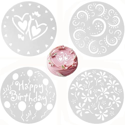 Bessy shop Plantillas para Tarta,4pcs Happy Birthday Cupcake Stencils Decorating Flower,Plantillas de Aerosol de Flores para Tartas,Pasteles de Plástico Plantillas,para Decorar Pasteles