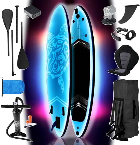 BRAST SUP Board mit LEDs | Aufblasbares Stand up Paddling Set | 320x81x15cm | 4 Designs | LED-Beleuchtung mit 10 Farben | 5 Jahre Garantie | 2in1 Paddel Kajak-Sitz Action-Cam-Halterung Fußschlaufe