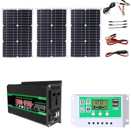 Komplettes Solar-Wechselrichter-Kit 4000W Rv Solar-Panel-Kit Enthält 50A Controller Und 75W Solar-Panel Für Haus Und Outdoor Power Generation(Black,12V-220V)