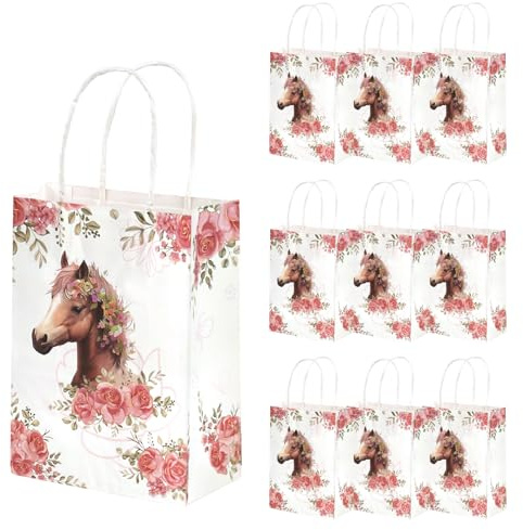 10 Stück Pferde Geschenktüten, Papiertüten Klein mit Henkel 21x15x8 cm | Tüten Kindergeburtstag, Geschenktaschen Pferdegeburtstag, für Pferde Party Geburtstag Hochzeit