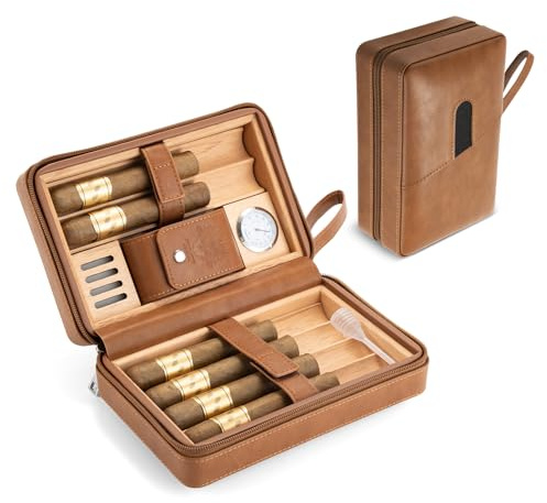 Zigarren Humidor Reise Zigarrenetui aus Leder, mit Hygrometer und Befeuchter, Zigarrenzubehör Tasche, Tragbarer Reisehumidor Bietet Platz für 6 Zigarren, Zigarren Box zum Ausgehen (Braun)