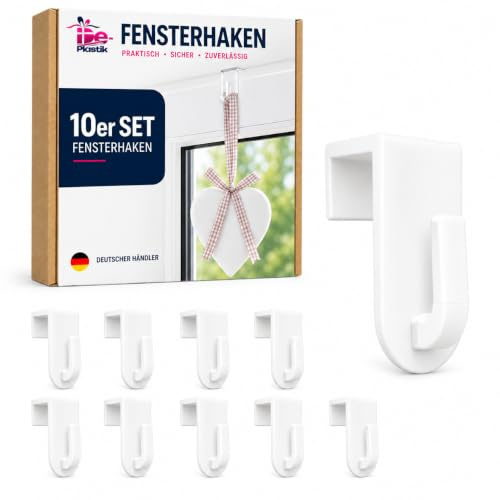 De-Plastik Fensterhaken | Dekohaken - Aufhänger | Weiß | 10er-Set | Für Fenster bis maximal 17 mm Falzmaß geeignet | Optimal für Ihre Fensterdeko | 35 x 20 mm